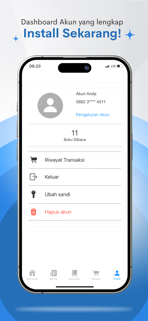 perpuspintar - User account profile dashboard on the Perpus Pintar mobile app showing reading stats and account settings