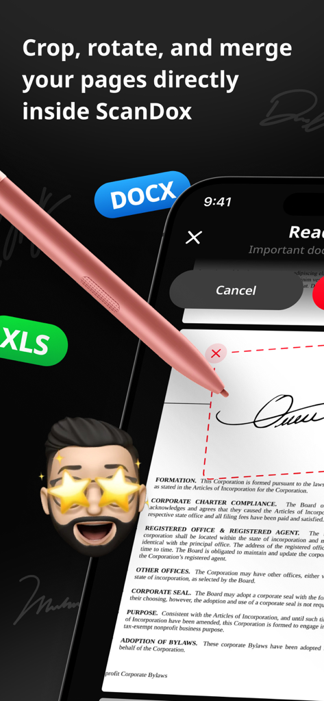 PDFファイル向けのドキュメント編集とデジタル署名機能を示すモバイルアプリインターフェース。