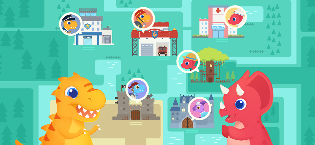 Cartoon dinosaurs in community roles like police and doctor in front of city buildings.