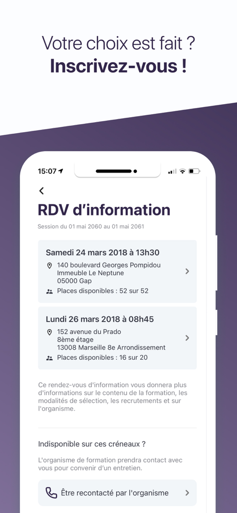 Ma Formation - France Travail - Interface of the Ma Formation app showing available dates and locations for training information sessions