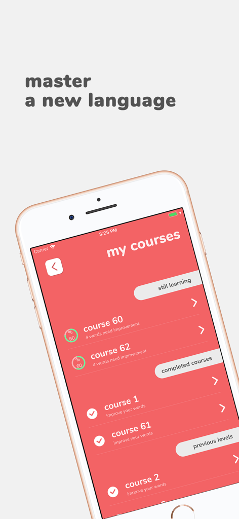 iPhone screen showing the Flashwords app courses list with learning progress and completed vocabulary modules
