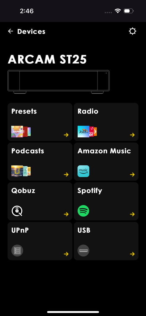 ARCAM Radia - Painel da aplicação ARCAM Radia mostrando as fontes de reprodução de música para o streamer de áudio de alta fidelidade ARCAM ST25.