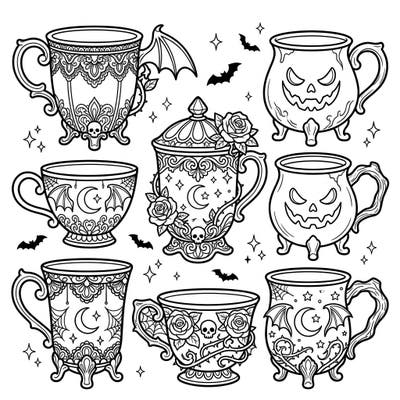 Explore a collection of beautifully intricate Gothic-style mugs and cups, perfect for adult coloring enthusiasts. Each design features a dark, ornate aesthetic with elements like skulls, roses, bat wings, and melancholic elegance.