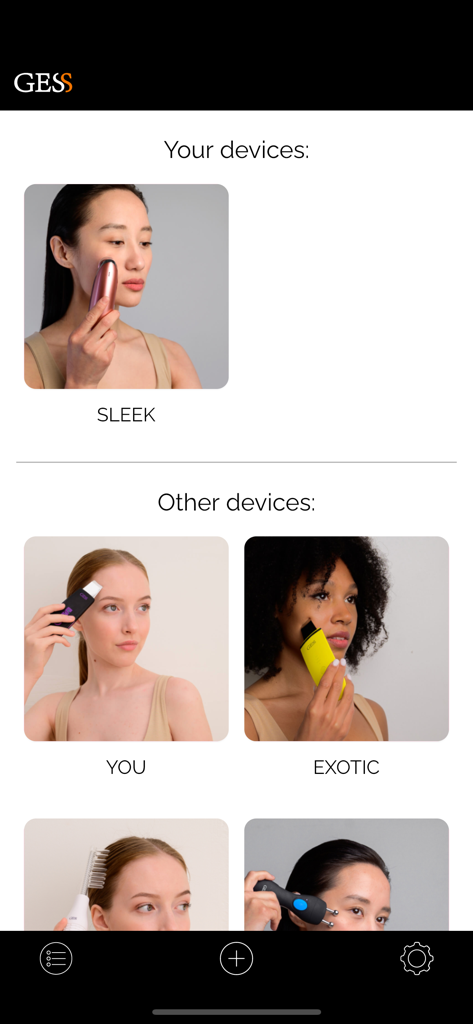 GESS - GESS mobile app interface showing a list of registered and available smart beauty devices for facial treatments