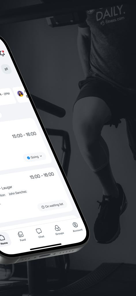 Interface de l'application mobile Abler montrant un calendrier d'événements sportifs avec statut de présence et menu de navigation