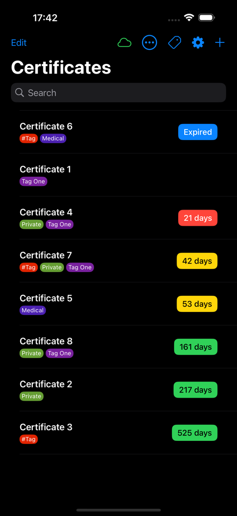 A list of professional certificates in the cManager plus app showing color coded expiration dates and custom tags.