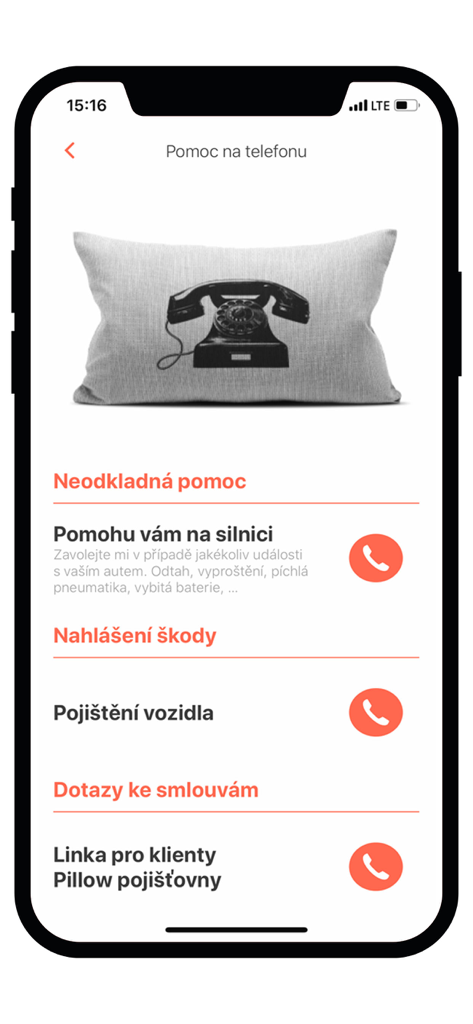 Pillow insurance - Pillow insurance app screen showing emergency roadside assistance and claims reporting contact buttons with a phone graphic on a pillow.