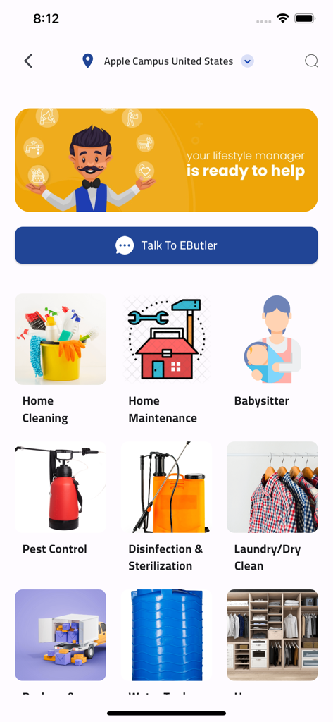 Interface do aplicativo E-Butler mostrando várias categorias de serviços de estilo de vida, como limpeza doméstica, manutenção e babá.
