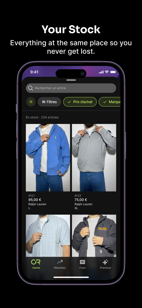 의류 품목 및 가격 정보와 함께 ControlResell 앱 재고 대시보드를 표시하는 스마트폰 화면