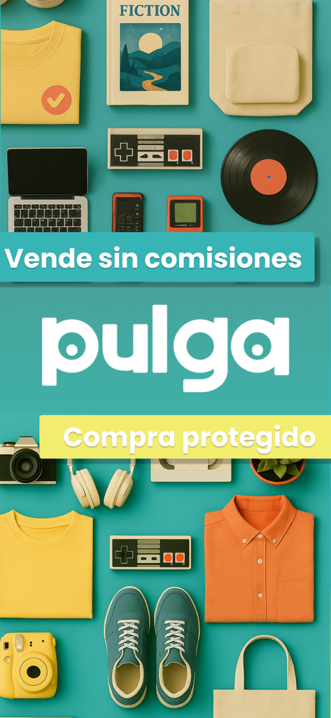 Pulga: compra y vende usados - Pulga app promotional image showing various used items for sale like clothing and electronics with text about safe buying and selling