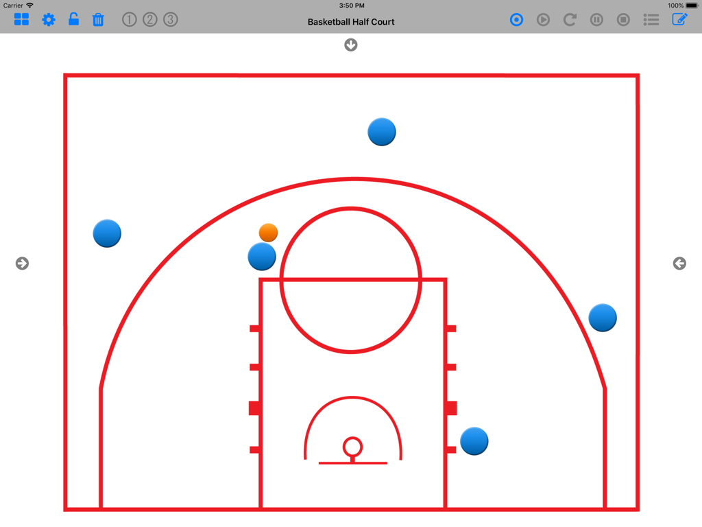 Magnet Boards app displaying a basketball half court with player positions using blue magnets