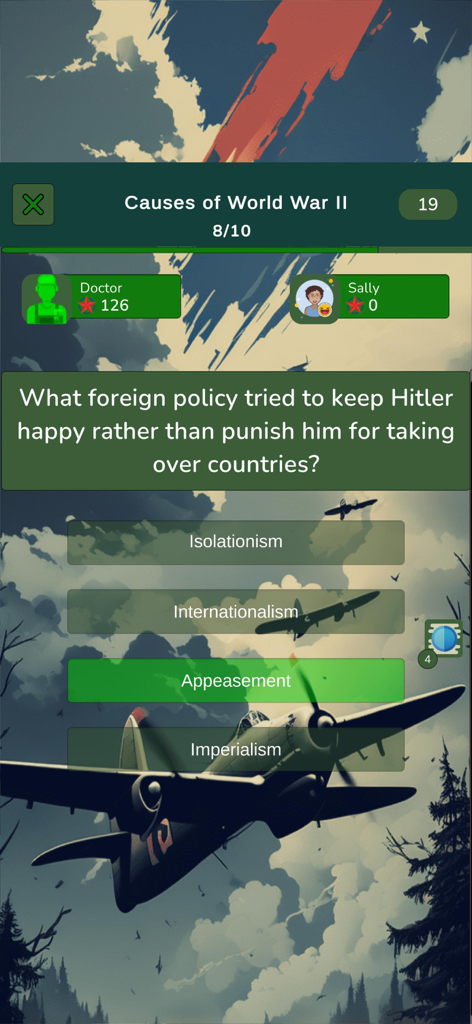 World War 2 Knowledge Quiz - Un écran de quiz multijoueur montrant une question sur les causes de la 2nde GM avec la bonne réponse 'Apaisement' mise en évidence.