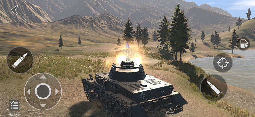 Logan - FPS Game Creator - Gameplay view of a 3D tank firing in a mountainous landscape with a lake in the Logan FPS Game Creator app