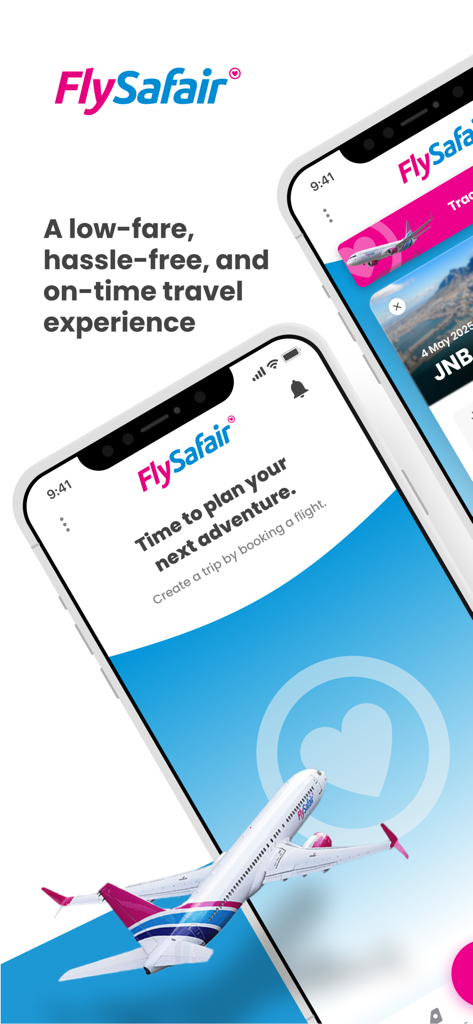 FlySafair - Two smartphones displaying the FlySafair app interface for booking flights and tracking aircraft