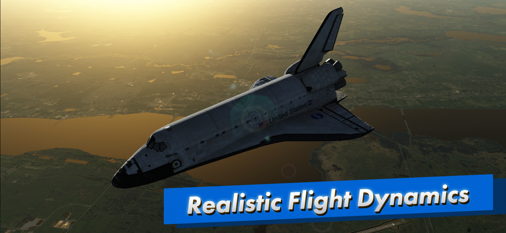 F-Sim|Space Shuttle 2 - Space Shuttle Atlantis flying over a landscape in the F-Sim 2 flight simulator
