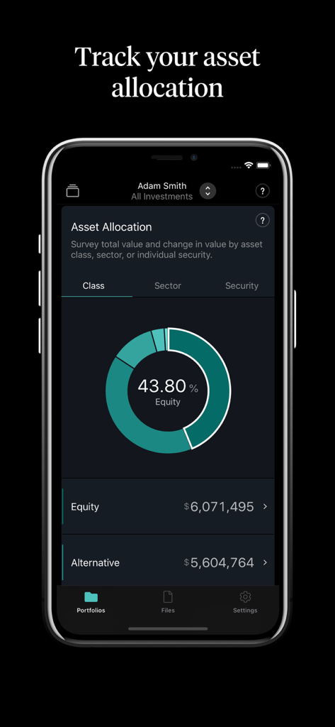 Addepar - Pantalla de la aplicación Addepar que muestra la asignación de activos con un gráfico circular y detalles del portafolio de inversión.