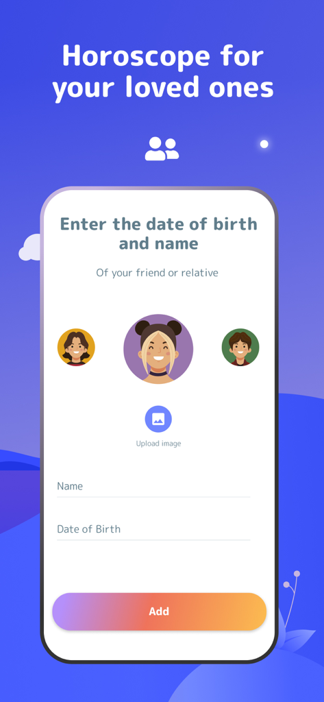 Interface for adding a friend or relative's birth details to receive personalized Tibetan horoscopes.