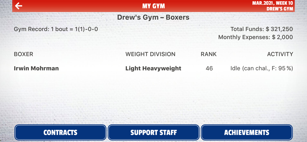 LEATHER® - 선수 통계 및 체육관 재정을 보여주는 Leather Tactical Boxing Management의 내 체육관 대시보드입니다.