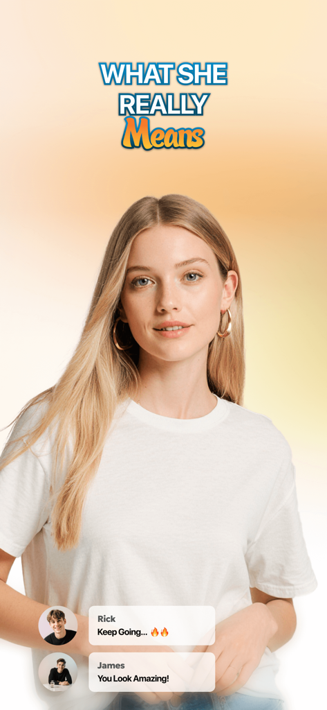 Chaturbate Gеt Hеr - Eine junge Frau in einer Dating-App-Oberfläche mit der Überschrift 'Was sie wirklich meint' und sozialen Benachrichtigungen.