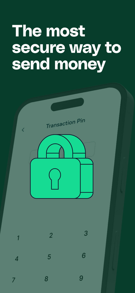 Afriex - Money transfer - Pantalla de PIN de transacción segura en la aplicación Afriex con un gran icono de candado verde
