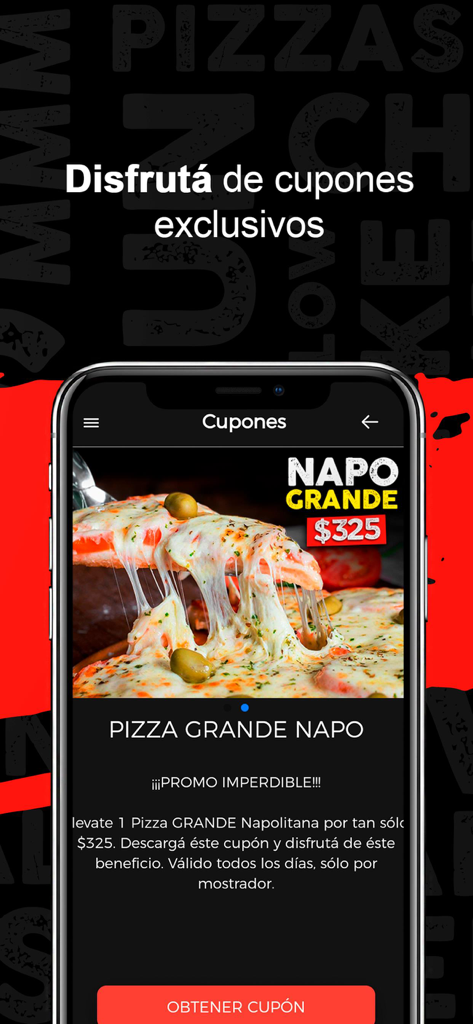 Mi Gusto - Mobile app screen showing an exclusive coupon for a large Napolitana pizza from Mi Gusto