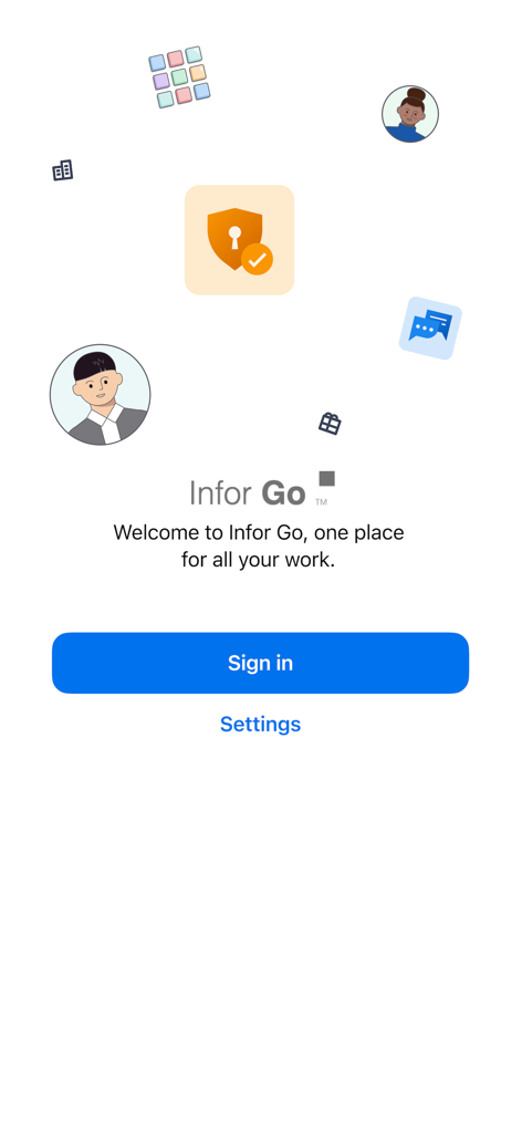 Infor Go - Welcome screen for Infor Go enterprise mobile app showing the sign in button