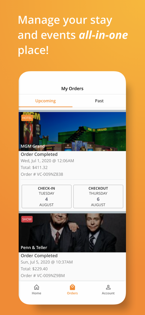 Vegas.com app interface showing the My Orders screen with hotel and show booking details.
