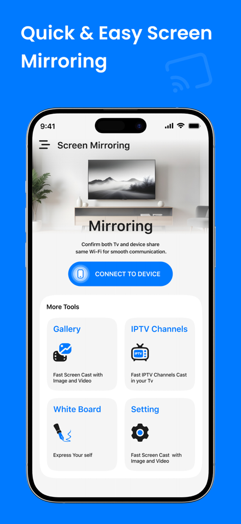 Smart View All TV Cast app interface showing screen mirroring and media gallery tools