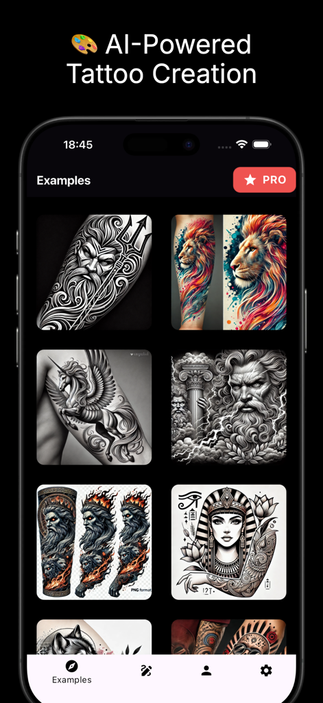 BlackInk app interface showing a gallery of AI generated tattoo designs including Greek gods a lion and a Pegasus