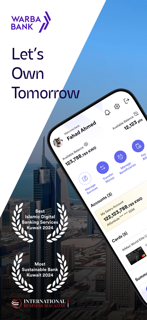 Warba Bank mobile app dashboard displaying account balance rewards points and industry awards