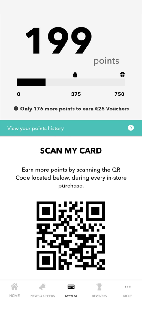 myVLM Card - MyVLM loyalty app showing 199 points and a QR code to scan for rewards