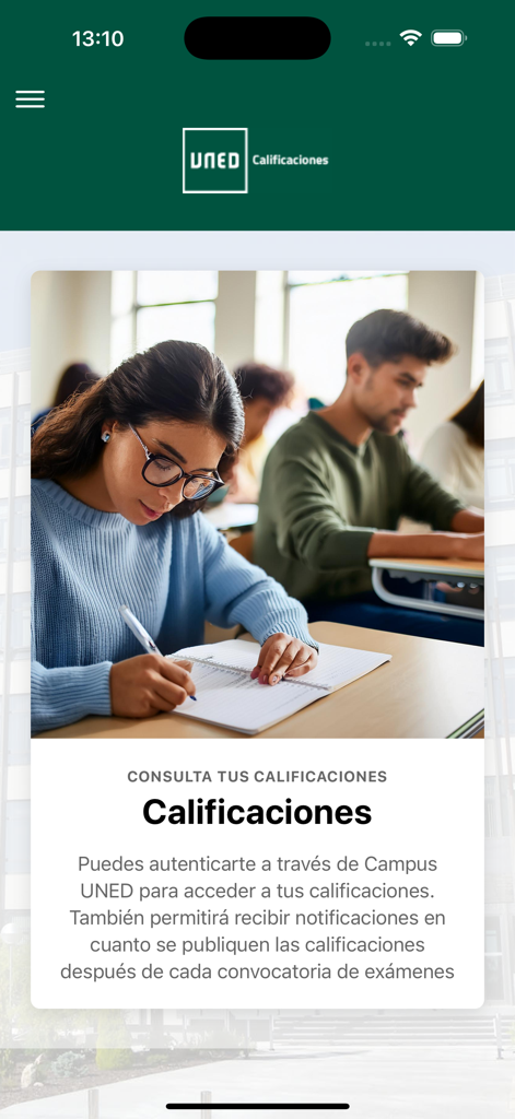Calificaciones - UNED Calificaciones app welcome screen showing a student studying and grade checking features