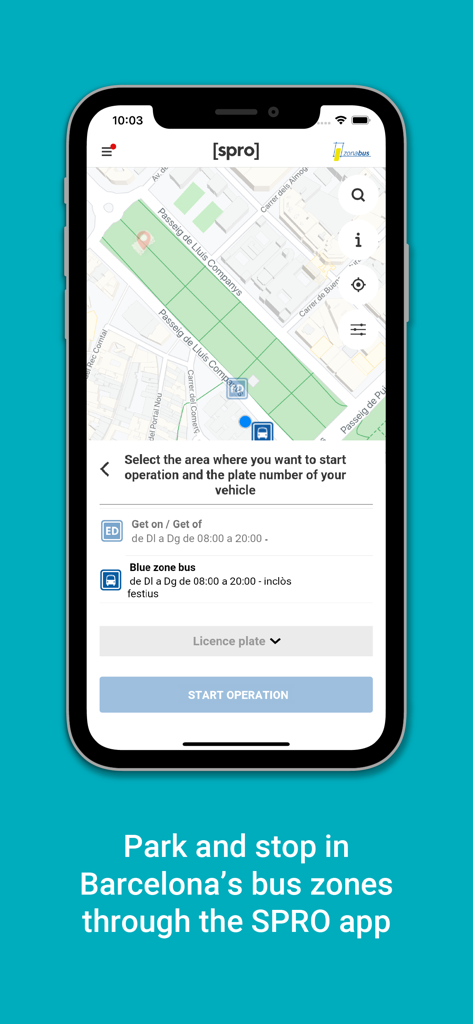 SPRO - Interface of the SPRO app showing the bus zone parking map and start operation button in Barcelona.