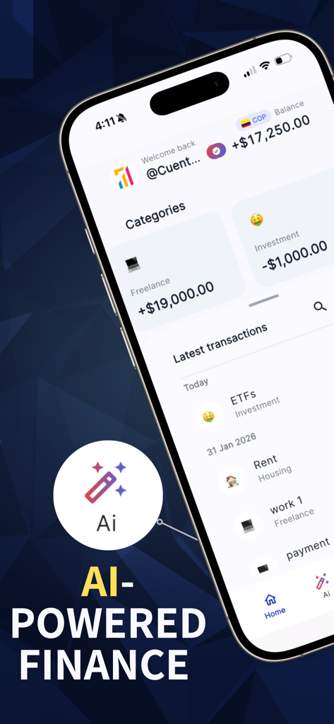 AI Money Manager & Expenses - AI Money Manager app dashboard showing income categories and transaction history