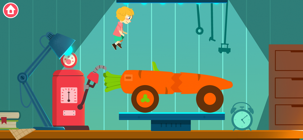 A cartoon boy jumping over an orange carrot-shaped car next to a red fuel pump in a colorful kids game environment.