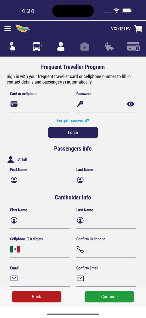 Vallarta Plus - Vallarta Plus app screen showing passenger information fields and frequent traveler program login.