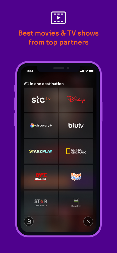 A smartphone display showing stc tv content partners like Disney, Discovery Plus, and STARZPLAY.