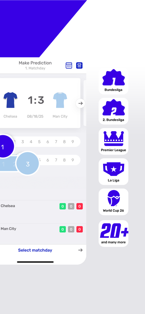 Teamtip - Your Predictor Game - Teamtip app screen showing a match prediction between Chelsea and Man City alongside icons for various sports leagues