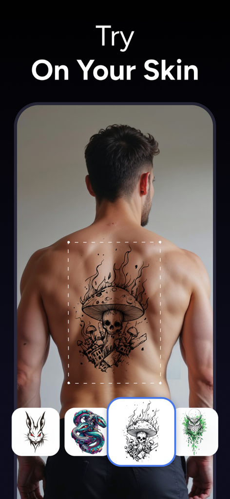 AI Tattoo Generator - InkLab - InkLabアプリを使用して男性の背中にAI生成されたスカルとキノコのタトゥーをプレビュー