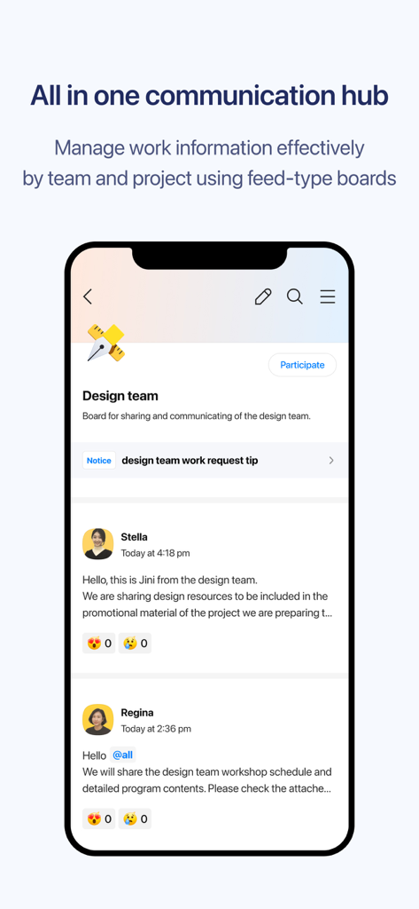 카카오워크 Kakao Work - Interfaz de la aplicación Kakao Work que muestra un feed de equipo de diseño para la comunicación empresarial.