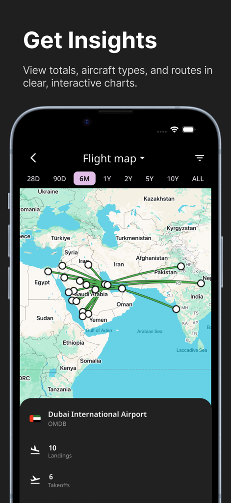 FLYLOG.io - For Pilots - Interactive flight map in the FLYLOG app showing routes from Dubai International Airport with landing and takeoff statistics