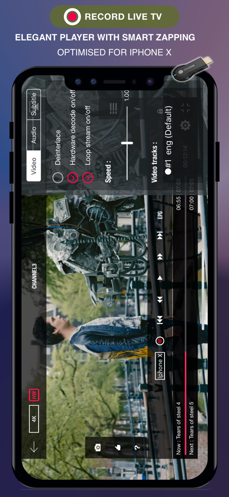 Interface du lecteur vidéo GSE SMART IPTV PRO avec des paramètres de lecture avancés et l'option d'enregistrement de la télévision en direct