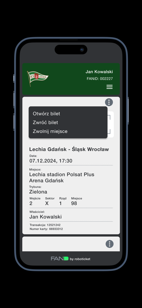 Bilety Lechia Gdańsk - Biglietto digitale per la partita visualizzato sull'app Bilety Lechia Gdansk