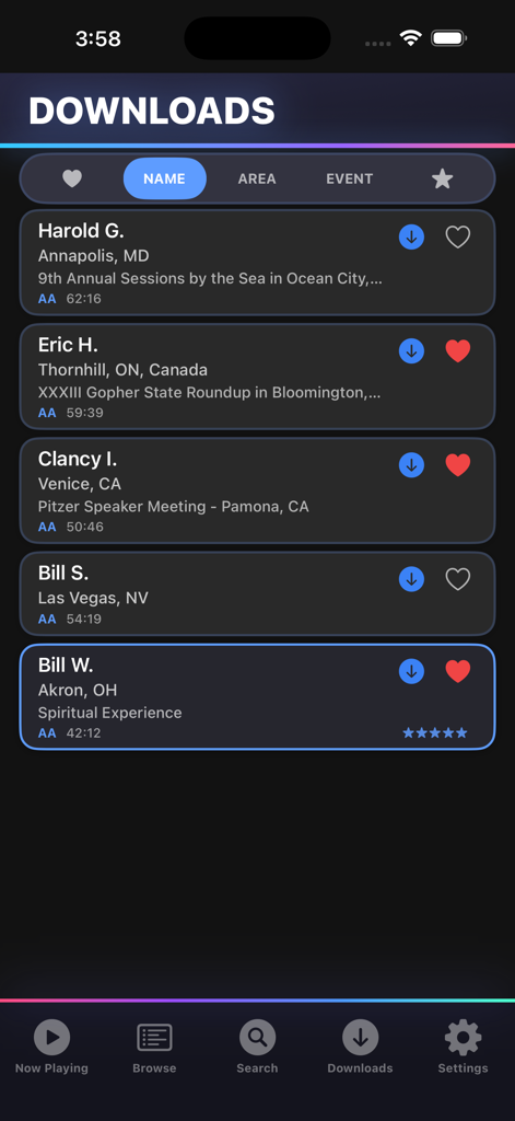 A list of downloaded AA speakers in the 12 Steps Speakers app showing name, location, and session details.