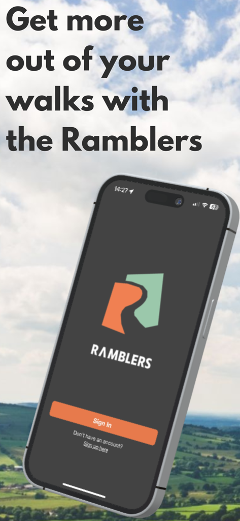 Ramblers - Écran de connexion de l'application mobile Ramblers montrant le logo de l'entreprise et un arrière-plan de collines verdoyantes