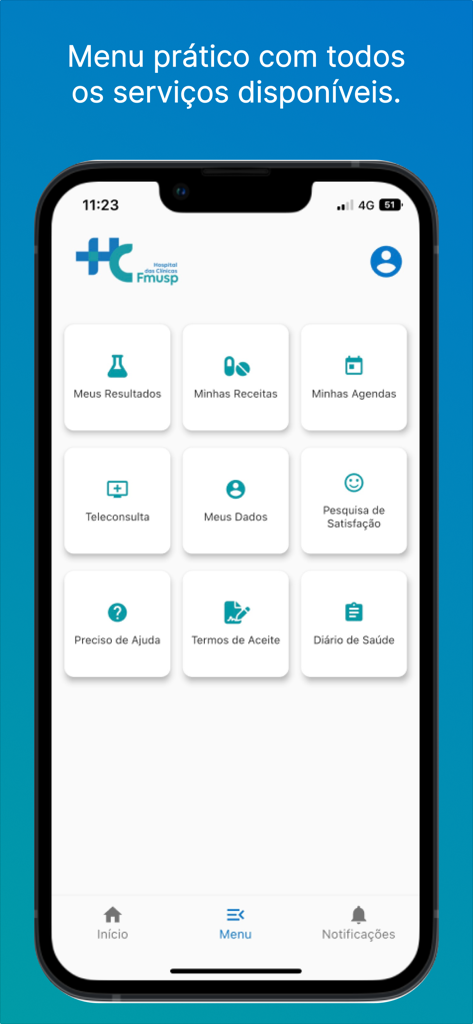 Main menu screen of the Portal do Paciente HC app showing options for medical results prescriptions and appointments.