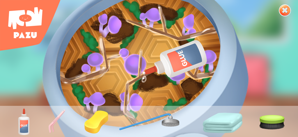 Schermata di gioco che mostra una vista ingrandita del trattamento degli animali con strumenti come colla e pennelli nell'app Pet Doctor Care