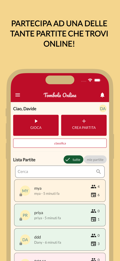 La pantalla principal del lobby de la aplicación Tombola Online mostrando opciones de juego y una lista de partidas disponibles.