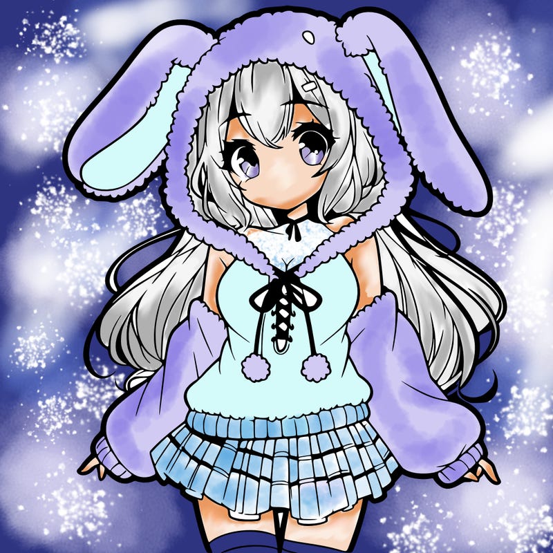 pretty anime girl wearing a fluffy hoodie with bunny ears on the hood and a skirt