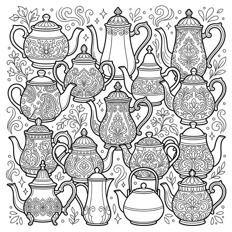 Discover a delightful assortment of beautifully patterned teapots and coffee pots, perfect for your next coloring adventure. Unleash your creativity and bring these elegant brewing vessels to life with your favorite colors.